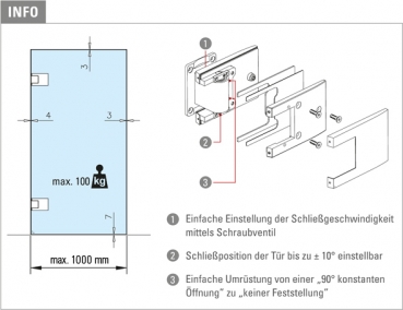 Glastür-Scharnier hydraulisch 90° (Paar), Glas/Wand